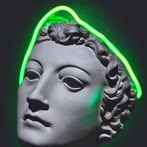 Image similar to a neon ring surrounding a renaissance statue head