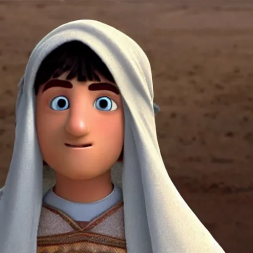 Prompt: 17 year old middle eastern skinned boy with reddish complexion in Biblical clothing as seen in Disney Pixar's Up (2009)