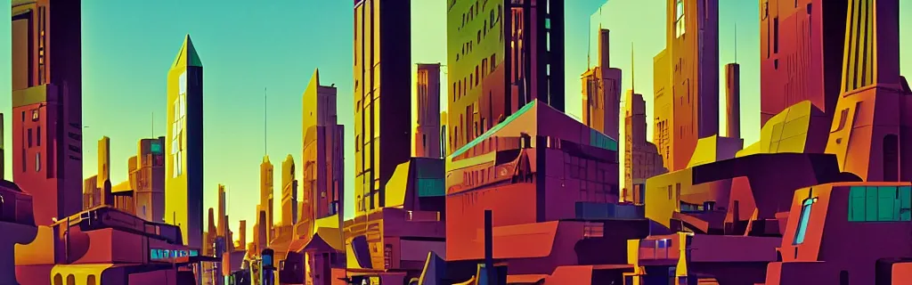 Image similar to sci - fi city street with faceted angular buildings, modernism, gouache, animated film, stylised, illustration, by eyvind earle, scott wills, genndy tartakovski, syd mead