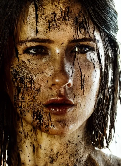 Image similar to a studio photography, film still of lara croft as cop, her face muddy and sweat, direct sun light, close up potrait, cinematic,