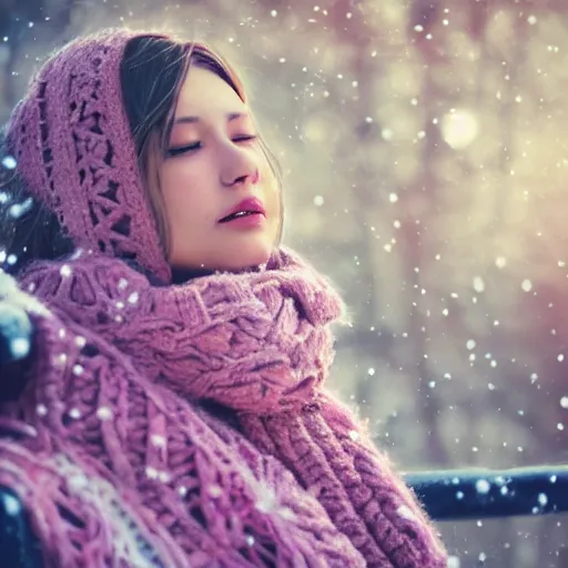 Prompt: highly detailed and intricate wlop artwork of a beautiful woman wearing warm winter clothes and a pink scarf sitting on a park bench in the fall, volumetric lighting, extremely complex, trending on artstation, featured on behance, 4 k, 8 k, 1 6 k