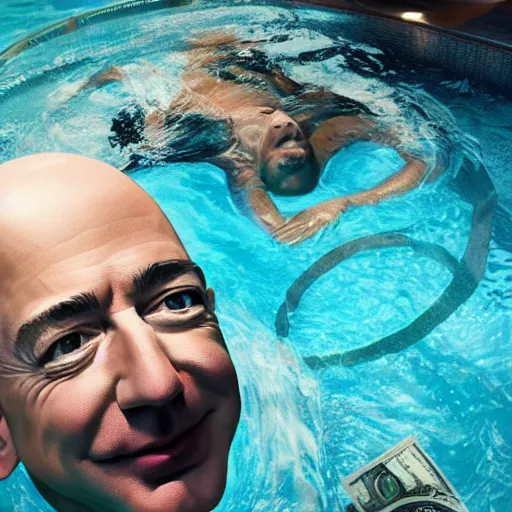 Prompt: jeff bezos swimming in a pool filled with cash, 4 k, photography, extremely detailed, digital art, trending on artstation, greg rutkowski, cinematic lighting, hyperrealistic
