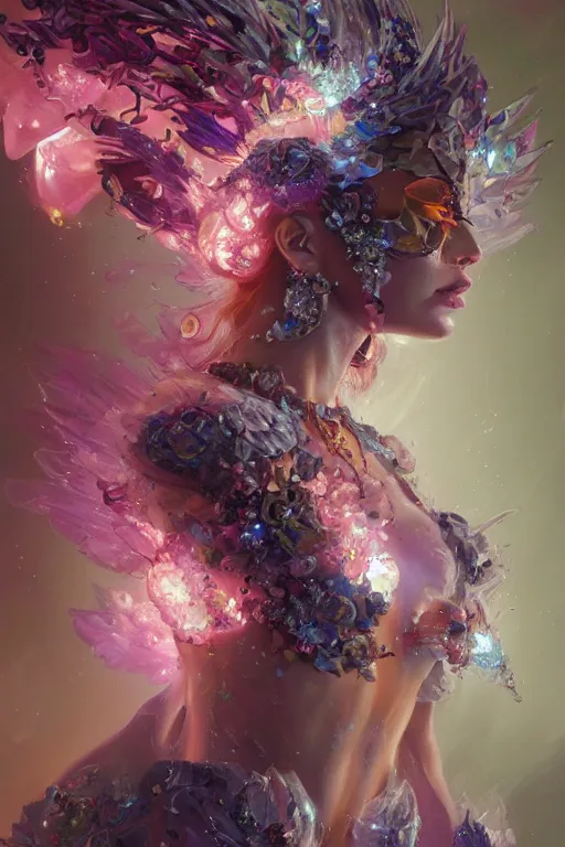 Prompt: torso closeup model wearing exploding flower crystal dress, sorcerer, diamonds, angel, fantasy, dramatic lighting, highly detailed, digital painting, holding electricity, magic the gathering, hyper detailed, 3 d render, hyper realistic detailed portrait, peter mohrbacher, wlop, ruan jia