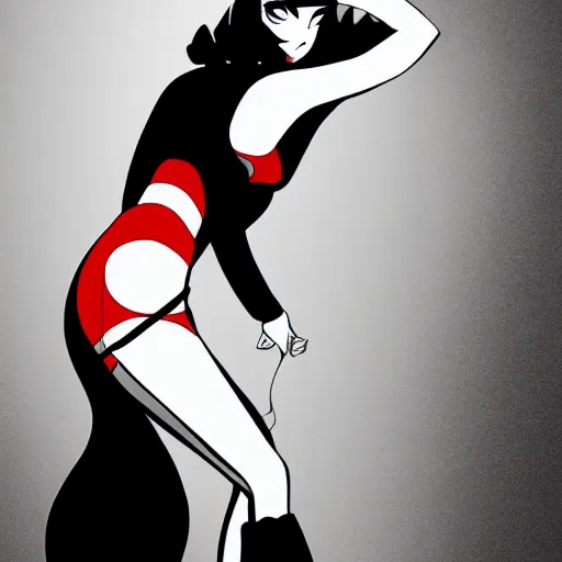 Image similar to anime femme fatale, film noir, black and white and red