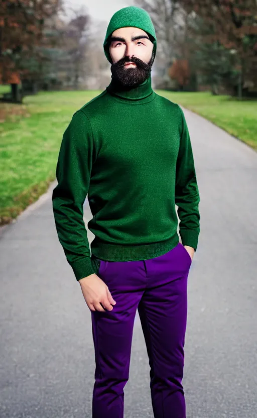 Prompt: a young man with a chin - style dark brown beard without mustache in a dark black cap, green turtleneck, purple pants and super white sneakers in full height, perfect face, without mustache, mark vanderloo face, photography, ultra detailed, sharp focus, perfect eyes