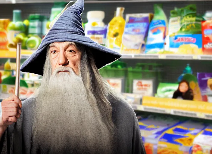 Image similar to digital art of Gandalf wearing wizard hat, stacking supermarket shelves, depressing, sad