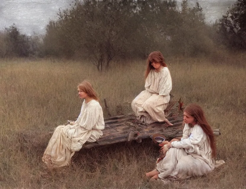 Image similar to peasant sisters with long messy hair, cottage core, cinematic focus, polaroid photo bleached vintage pastel colors high - key lighting, soft lights, foggy, by steve hanks, by lisa yuskavage, by serov valentin, by tarkovsky, 8 k render, detailed, oil on canvas