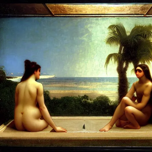 Prompt: Silhouette of three girl at the palace, thunderstorm, greek pool, beach and palm trees on the background major arcana sky, by paul delaroche, alphonse mucha and arnold böcklin arnold böcklin hyperrealistic 8k, very detailed