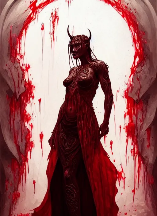 Image similar to portrait of a beautiful demon in a flowing dress made of blood, carving glowing bloody runes into a profane altar, intricate, elegant, highly detailed, digital painting, artstation, concept art, smooth, sharp focus, illustration, art by wlop, mars ravelo and greg rutkowski