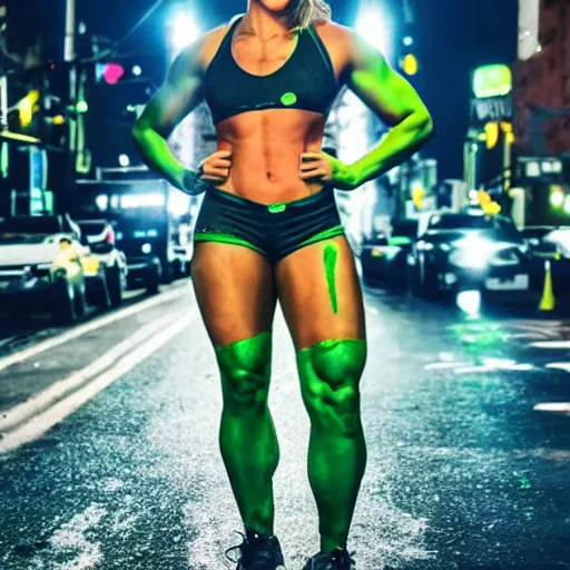 Image similar to Rhea Ripley as She Hulk on the street in New York City at night, Lights are on down the street, light fog in the background, cinematic, realistic, detailed, portrait, green skin