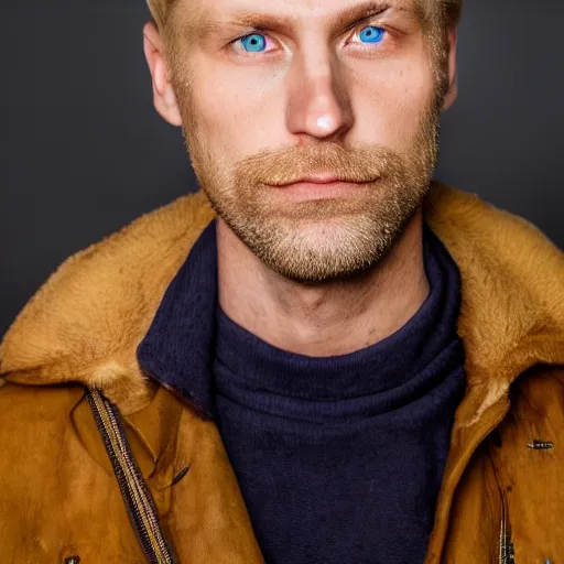 Image similar to close up of face of good looking 4 0 year old anglo slavic blond man with blond stubble, very short wavy blond hair in a short pompadour style, very dark blue eyes, portrait, 4 k