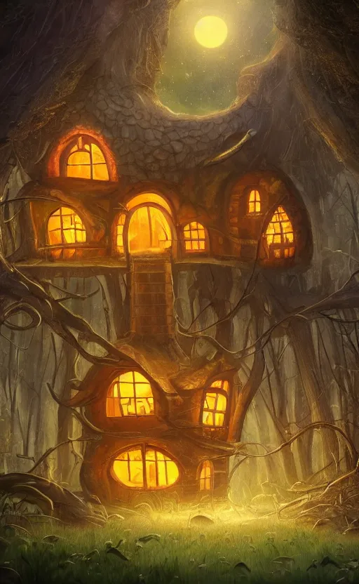 Image similar to a giant pumpkin house in the middle of a forest at night, the lights are on, dynamic lighting, photorealistic fantasy concept art, trending on art station, stunning visuals, creative, cinematic, ultra detailed