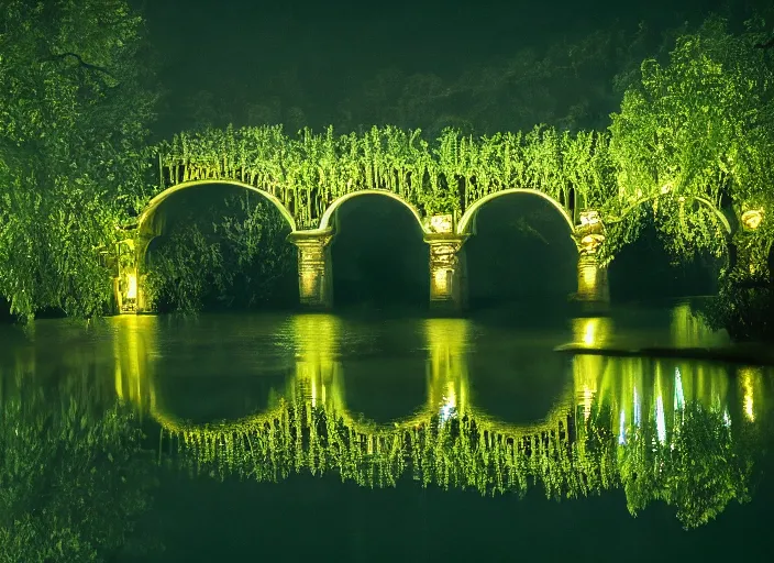 Image similar to a photograph of an emerald bridge over a wine river. Detailed. mythical. magical. mist. foggy. 4k. 800 iso.