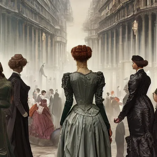 Prompt: portrait of a victorian lady within a crowd of people in a futuristic city, from behind, streets, marble statues on the sides, beautiful, solarpunk!!!, highly detailed, digital painting