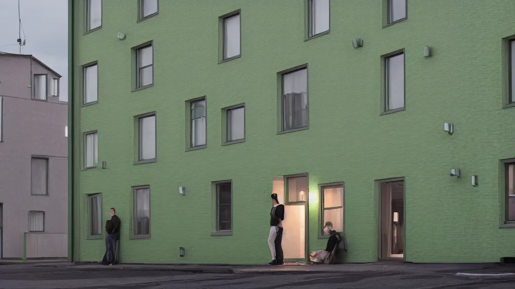 Image similar to a couple, green apartment house, textured walls, quiet street, reykjavik, sunset lighting, rim light, hyper realistic, cinematic frame