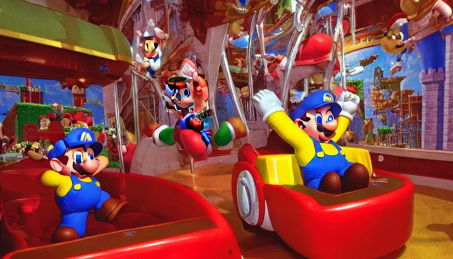 Prompt: 1990s photo of inside the Super Mario ride at Universal Studios in Orlando, Florida, riding with Super Mario through Bowser's Castle , cinematic, UHD