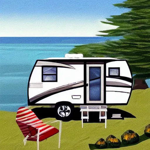 Prompt: fifth wheel camper towable large rv on the grass by the harbor in maine, rocky coast, sailboats in the water, tiny village, white background, cute digital cartoon painting art, 4 colors!!! trending on artstation