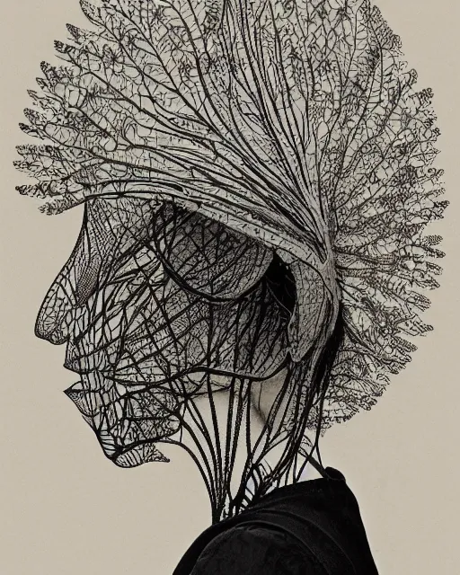 Image similar to a woman's face in profile, wearing a vintage motorcycle helmet made of recursive intricate delicate leaf skeleton, in the style of the dutch masters and gregory crewdson, dark and moody