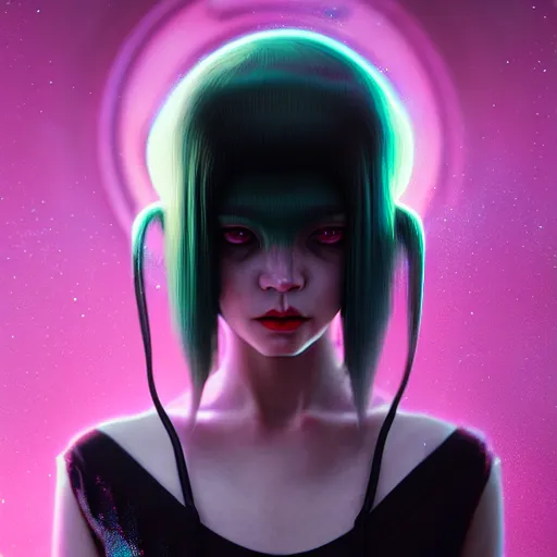 Image similar to insect - like alien - girl by tom bagshaw, green eyes and long black hair by ilya kuvshinov, rtx reflections, octane render 1 2 8 k, extreme high intricate details by wlop, digital anime art by ross tran, wide shot, close up shot, composition by sana takeda, dramatic lighting by greg rutkowski