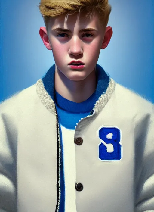 Prompt: portrait of a teenage boy named moose mason, blonde short hair, jock, beefy, square jaw, square facial structure, 1 9 5 0 s, blue varsity jacket, intricate, elegant, glowing lights, highly detailed, digital painting, artstation, concept art, smooth, sharp focus, illustration, art by wlop, mars ravelo and greg rutkowski