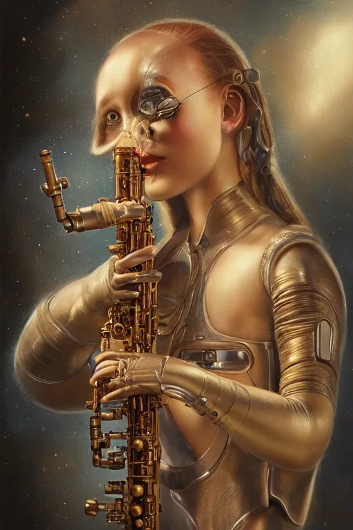 Image similar to a beautiful ultradetailed vintage photo of cyborg playing an oboe, by tom bagshaw and anna dittman, couples portrait, vignette, 3 5 mm lens, golden ratio composition, detailed faces, studio photography, very detailed, humanoids, industrial robots, artstation, 8 k, highly coherent