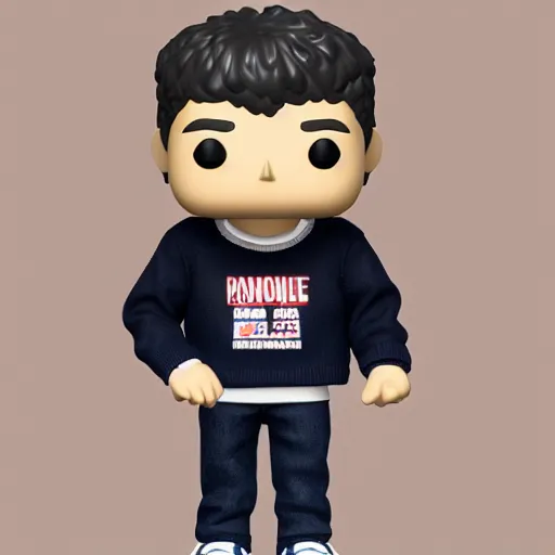 Image similar to a 21 year old skinny white guy with no beard and black hair in a navy blue sweater , jeans and grey new balance shoes funko pop close up highly detailed photo