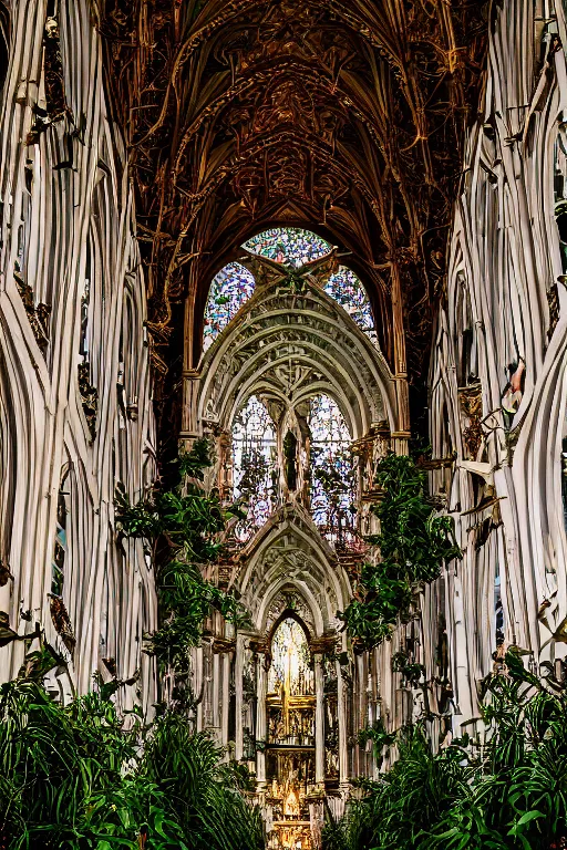 Prompt: photo inside a cathedral overgrown by lush plants, ornate highly detailed intricate