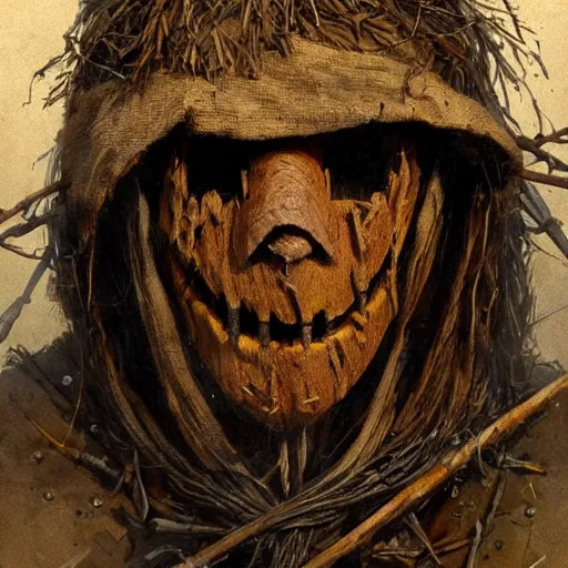 Image similar to very detailed face of a haunted scarecrow, with sticks of woods, bones and wood, snake and crow, james gurney, greg rutkowski, deviantart, artstation