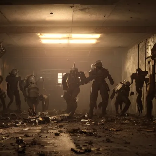 Image similar to movie still from the live action fallout 4 movie, rendering of a riot in a fallout shelter, uhd, 8k, cinematic,