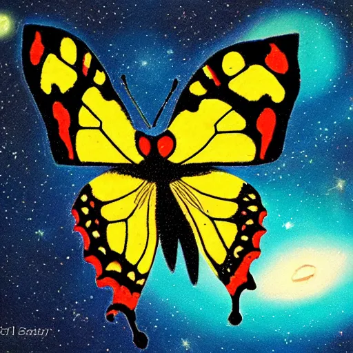 Prompt: a butterfly attending a party in a space station, fantasy art