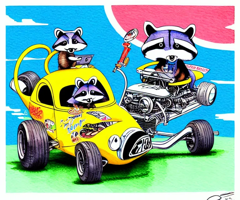 Prompt: cute and funny, racoon wearing racing helmet riding in a tiny hot rod coupe with oversized engine, ratfink style by ed roth, centered award winning watercolor pen illustration, isometric illustration by chihiro iwasaki, edited by range murata