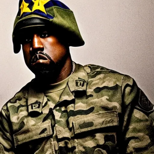 Prompt: Kanye West as a soldier in Chiraq, award winning historical photograph