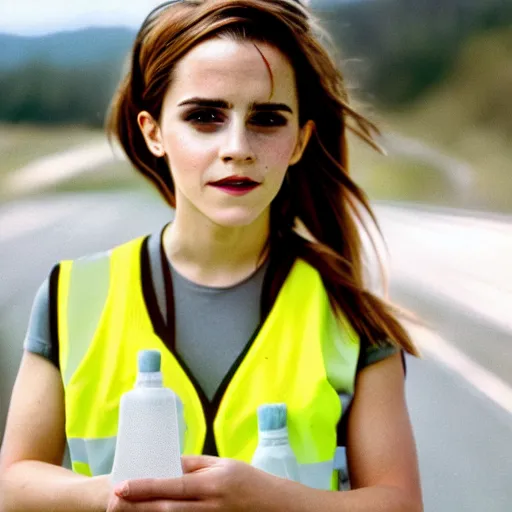 Image similar to photo, close up, emma watson in a hi vis vest picking up trash on the side of the interstate, portrait, kodak gold 2 0 0,