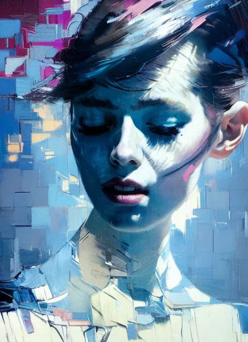 Prompt: portrait of beautiful girl, ecstatic, dancing, eyes closed, shades of blue and grey, new yotk backdrop, beautiful face, rule of thirds, intricate outfit, spotlight, by greg rutkowski, by jeremy mann, by francoise nielly, by van gogh, digital painting