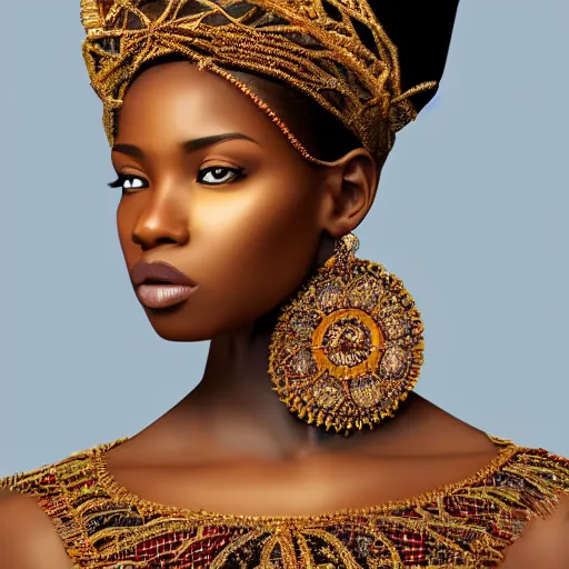 Image similar to A masterpiece portrait of a Incredibly beautiful African girl model in European royal barocco clothes. With big rich jewelry. In Queen\'s crown. Vogue. trending on artstation, digital art, by Stanley Artgerm Lau, WLOP, Rossdraws, James Jean, Andrei Riabovitchev, Marc Simonetti, Yoshitaka Amano