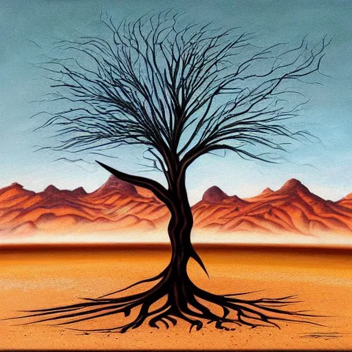 Prompt: a painting of a tree in the desert, a striking airbrush painting by breyten breytenbach, detailed sand pattern, cgsociety, neo - primitivism, airbrush art, dystopian art, apocalypse landscape