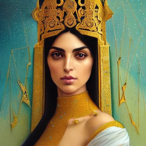 Image similar to Beautiful portrait of a Persian Princess who is an architect, beautiful princess, face painting, architecture, persian style architecture, dramatic lighting, intricate, wild, highly detailed, digital painting, artstation, concept art, smooth, sharp focus, illustration, gold+yellow+white+Turquoise, art by artgerm and greg rutkowski and alphonse mucha, footage from space camera