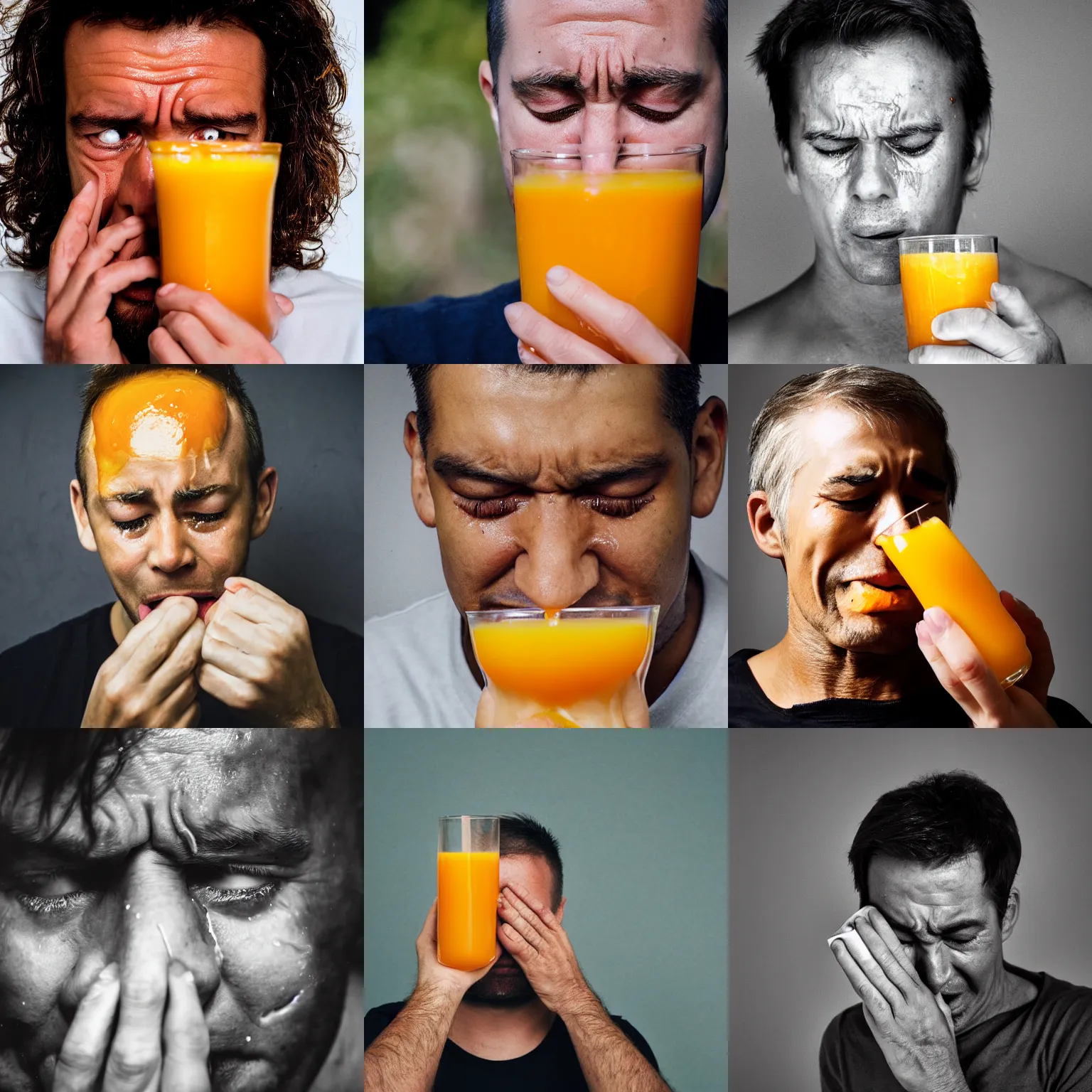 Prompt: man crying tears of orange juice, photograph portrait