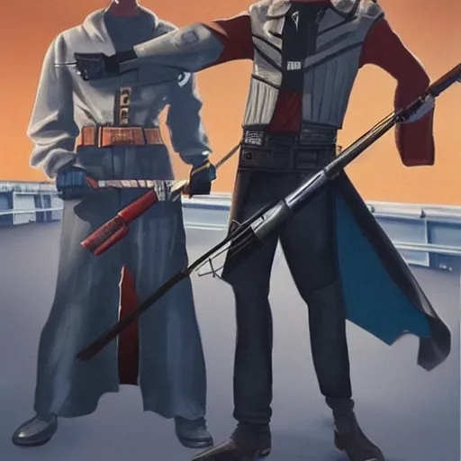 Image similar to duel between cad bane and clint eastwood on the vallecas bridge