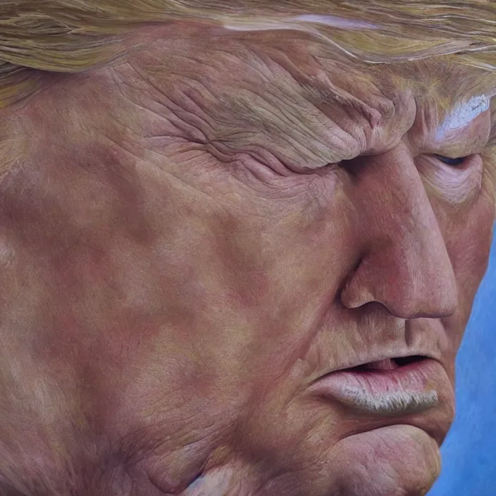 Prompt: hyperrealistic close up studio portrait of aging old Donald Trump age 85 sad, oil painting by Ivan Albright and Lucian Freud and Ron Mueck, trending on artstation Studio lighting hyperrealism