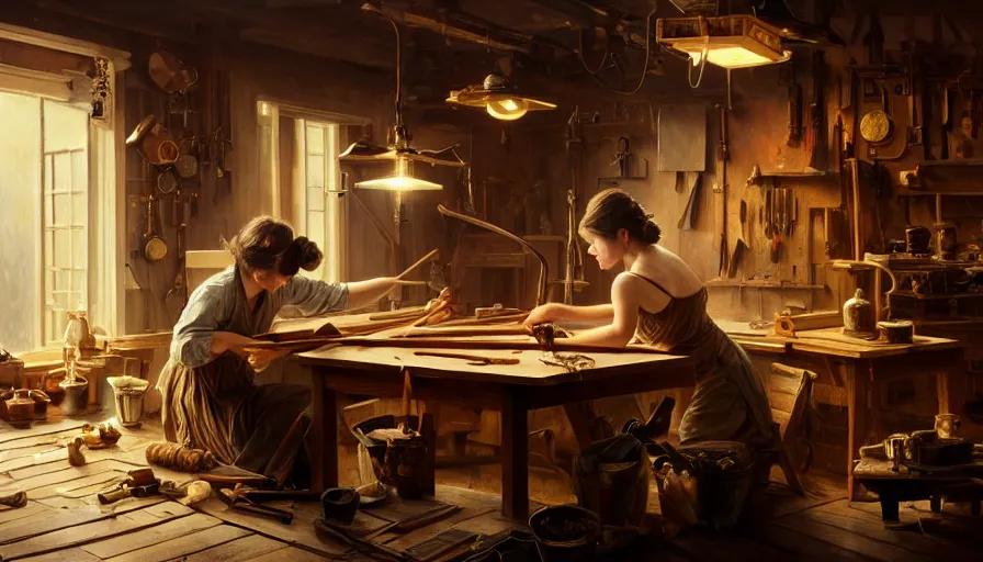 Image similar to highly detailed oil painting | very intricate | cinematic lighting | award - winning | craftsman | building a piece of furniture in their workshop | beautiful cinematic light, american romanticism, by huang guangjian, gil elvgren, ruan jia, randy vargas, greg rutkowski, artstation, cgsociety, official art, octane