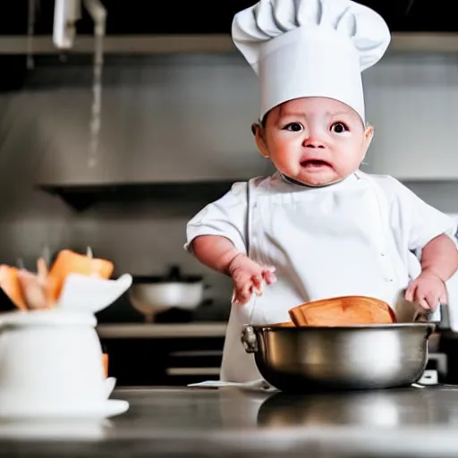 Image similar to tiny and innocent baby yoda appears as a chef wearing a white chefs hat and apron in a beautiful kitchen, preparing some food