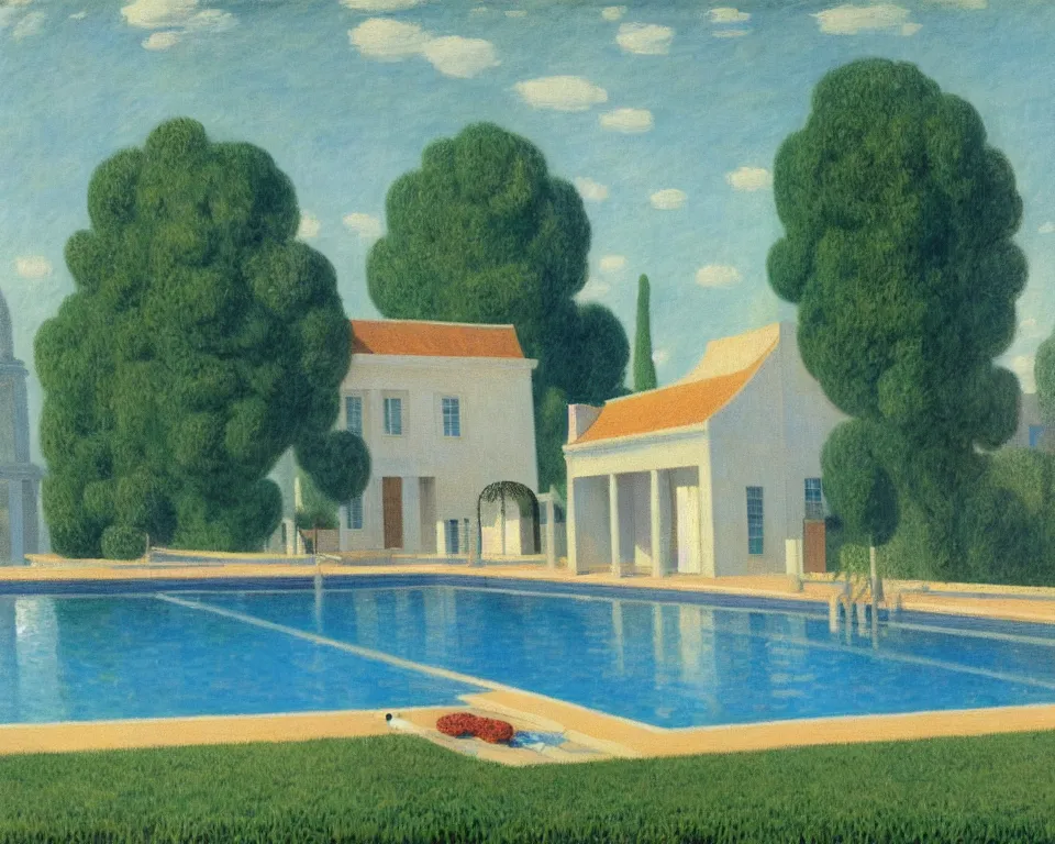 Image similar to achingly beautiful painting of a sophisticated, well - decorated, pueblo pool house by rene magritte, monet, and turner.