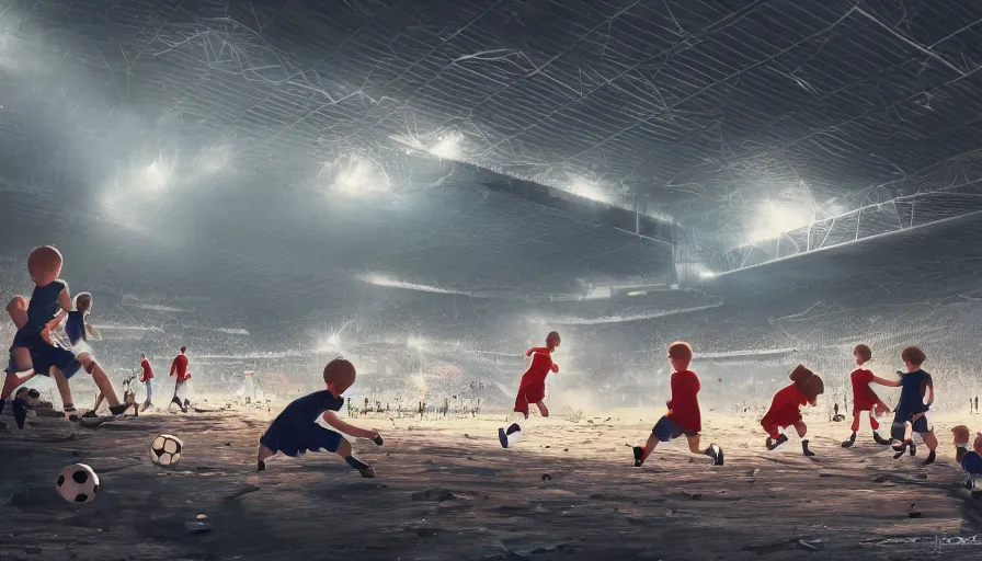 Image similar to five kids playing soccer in destroyed rfk memorial stadium, sunny day, hyperdetailed, artstation, cgsociety, 8 k