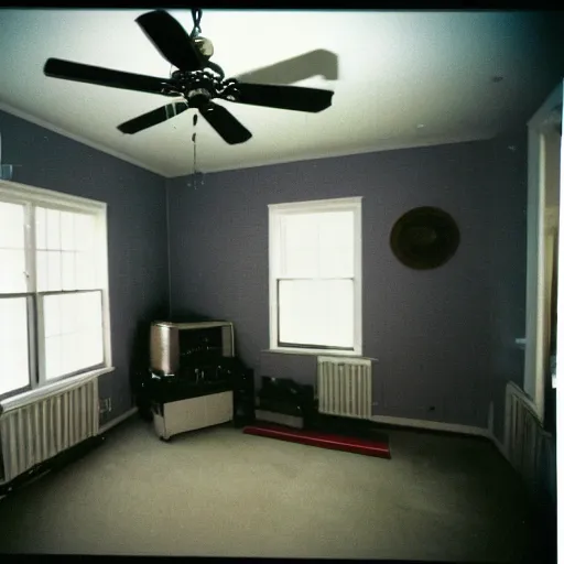 Image similar to a strange high flash photo of an empty suburban home, 2 0 0 6, taken with a disposable camera