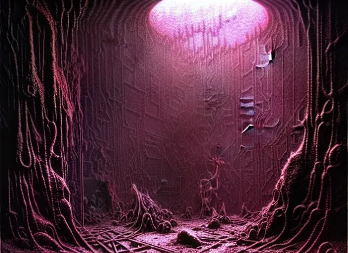 Prompt: metroid torizo dark scifi cave, overgrown, ruins, dark, spectral, cavern, light shafts, moist, damp, enigmatic atmosphere in the style of zdzisław beksinski and ( ( ( ( ( ( giger ) ) ) ) ) )