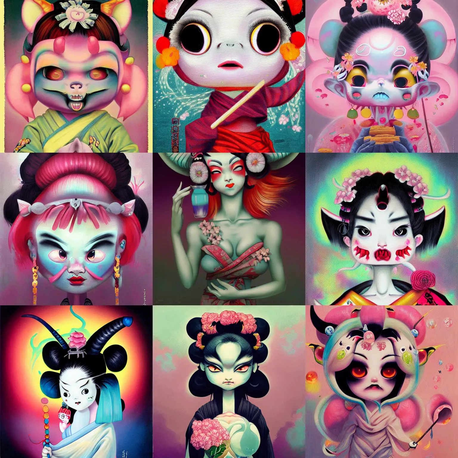 Prompt: digit painting of a oni demon geisha by amy sol hikari shimoda, mark ryden, cute, weird, cool, pastel colors