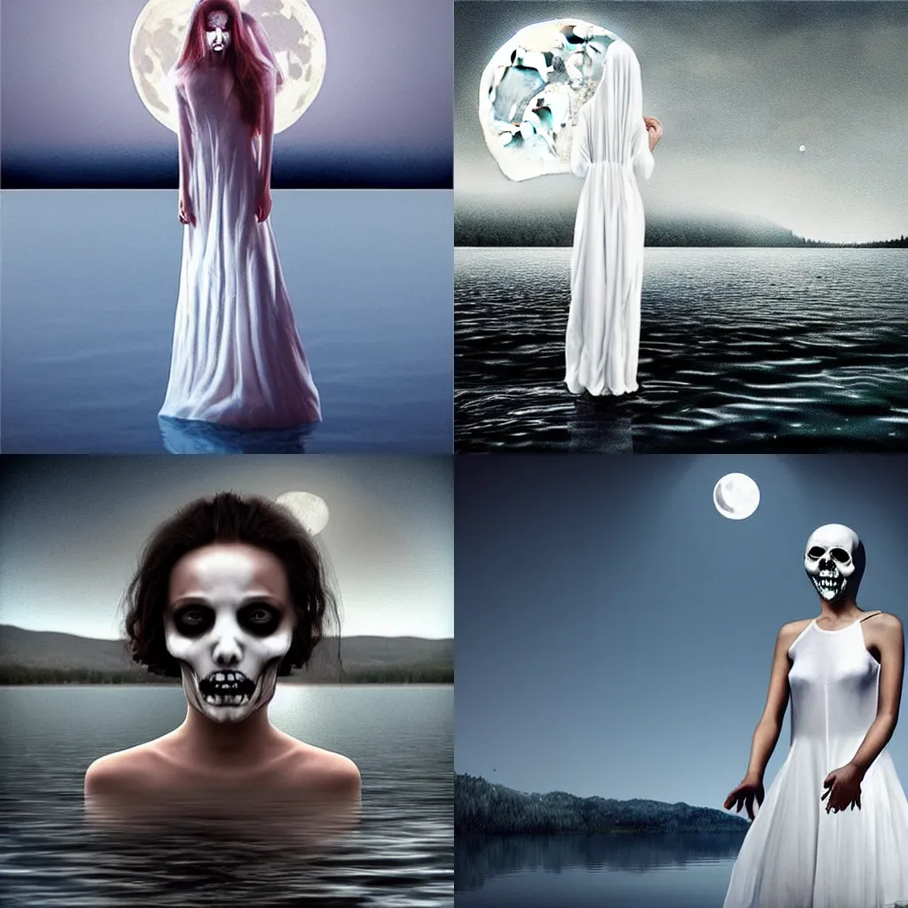 Prompt: style of David Kassan photorealism:: female ghost with white dress and long nails floating over a lake:: ghastly face:: night time, dark, full moon, scary terrifying horror