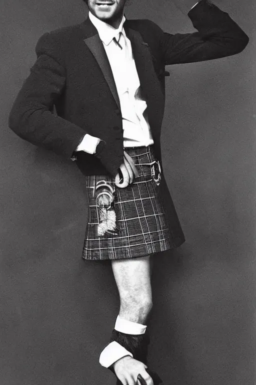 Image similar to “portrait of a young Sean Connery, impeccably dressed, wearing a kilt, 1970s, by Robert McGinnis”