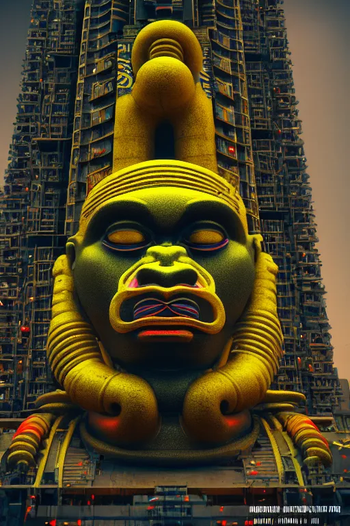 Image similar to high quality 3 d render hyperrealistic cyberpunk brutalist hanuman head building, neon yellow madhubani, highly detailed, in sci - fi mumbai, unreal engine cinematic smooth, liam wong, moody light, low angle, uhd 8 k, sharp focus